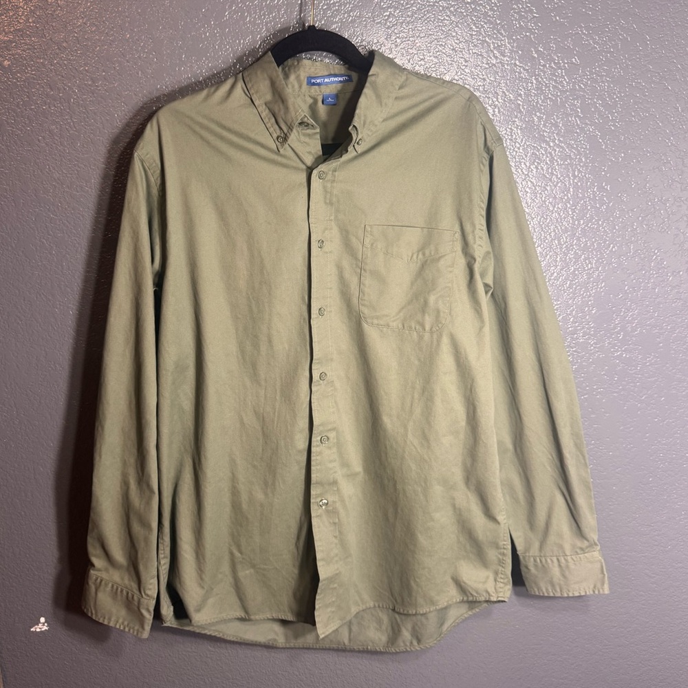 Port Authority Mens Button Down Shirt Olive Green Formal Cuffed Sleeve Size L